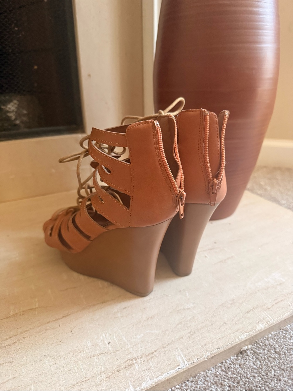 Allegra K Tan Lace-Up Strappy Wedge Sandals - Picture 3 of 3